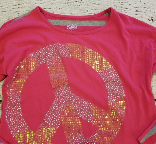 JUSTICE 12 Girls Pink Gray Sequin Peace Sign Striped Tee DC-TT20 - Picture 2 of 4