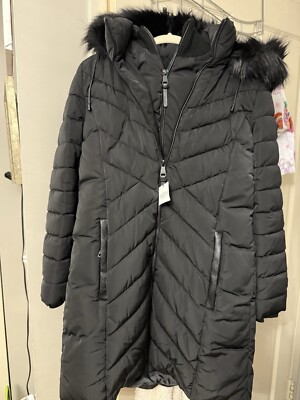 NEW GORGEOUS DKNY HOODED WINTER WARM DOUBLE BREASTED COAT Sz M - Black