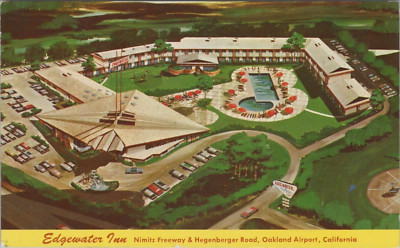 Edgewater Inn Oakland Airport Artist Rendering Birdseye View CA postcard KQ8