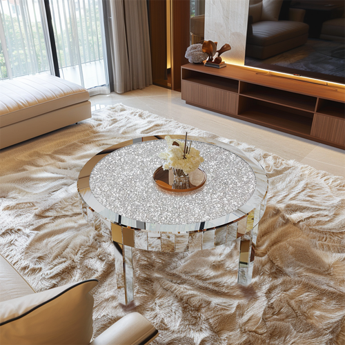 80CM Luxus Glas Kaffeetisch Rund Spiegel Sofatisch Kristall Diamanten Wohnzimmer - Bild 4 von 10