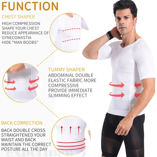 Men's Tummy Control Body Shaper Tops Hide Gynecomastia Chest Fat Shirt Shapewear - Picture 4 of 38