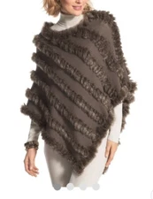 Chico's Sweater Poncho Shawl Faux Fur Trim Sz S/M NWOT Taupe Old Money Mob Wife