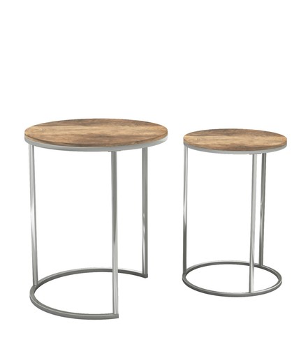 2Pc Round Nesting Stackable Sofa Side Bedside End Table Set Wood Top Metal Legs - Picture 27 of 70