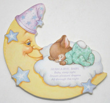 VTG Hallmark Plaque Nursery Friends Baby Bunny  Moon USA 1985 Hush A Bye Baby
