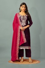 Fashionable Heavy Velvet Wine Salwar Kameez With Red Dupatta For Function Wear