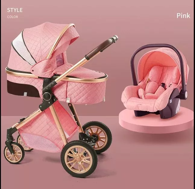 Luxury 3 in 1 Denim Pink Stitched Folding Reclining Baby Stroller Carriage  Set