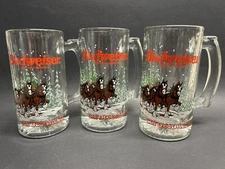 3 - 1989 Vintage Clydesdales Budweiser Collectible Holiday Glass 12 oz Beer Mugs