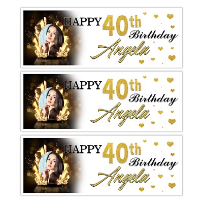 PERSONALISED PHOTO BIRTHDAY BANNER WOMENS NAME WALL DECORATION GOLD PARTY 