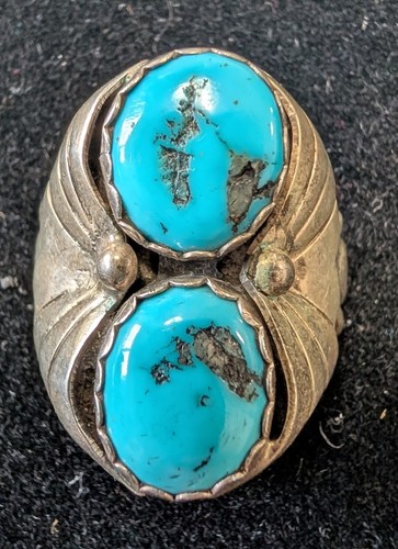 Anello vintage Navajo argento sterling 2 pietre turchese ovale uomo misura 9 o 12 - Foto 3 di 8