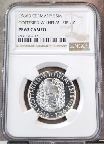 1966 GERMANY SILVER 5 MARK GOTTFRIED WILHELM LEIBNIZ NGC PF 67 CAMEO RARE GEM