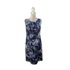 Dressbarn Navy Blue Floral Shift Dress Tropical Sleeveless Boatneck Pleats 12