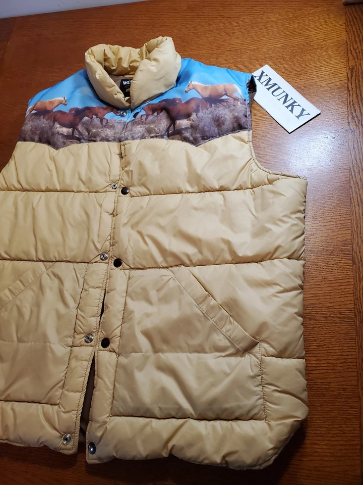 Vtg Sears Western Outdoor Wear Horse Vest Men's XL Tall Brown Beige Snap RARE - Image 3 of 4