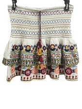 Zara Women's Contrast Embroidery Boho Smocked TasselMini Skirt Small