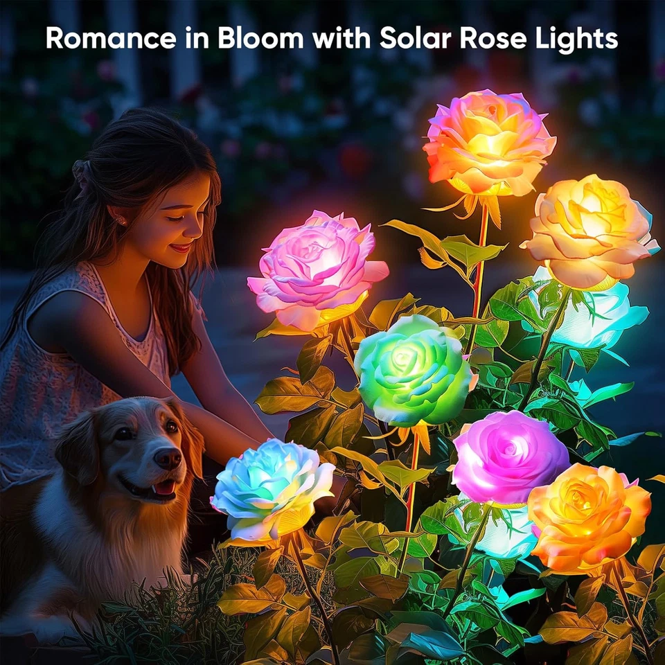 Solar Flower Lights Outdoor Waterproof: 4 Pack 7-Color Changing LED Rose Stake D - Image 2 of 4