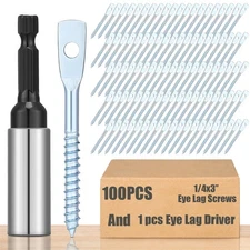 100 Pcs 1/4 x 3 Eye Lag Screws, 1 Pcs Driver Set, Zinc Plated, Wood, Ceiling