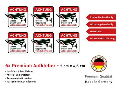 Aufkleber Achtung videoüberwacht Alarm Sticker Set 6x Hinweis Wetterfest