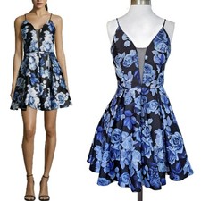 BETSEY & ADAM Blue Black Floral Fit & Flare Mini Dress 10 Cocktail Formal Prom