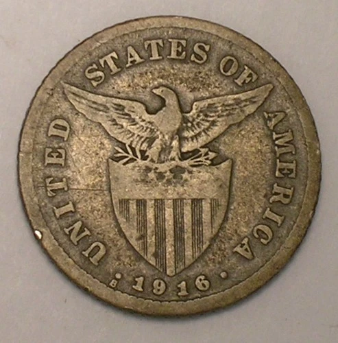 1916 S Philippines 20 Centavos Shield Filipinas Silver Coin