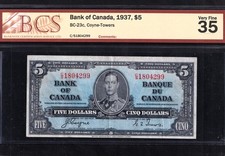 Canada 1937 $5 Five Dollar Banknote BCS Certified VF-35 Note Coyne - Towers