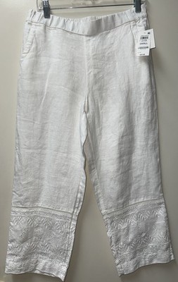 NWT Luxury Linen Charter Club White Crop Pants, Sz S, Eyelet Cuffs! PERFECTION!