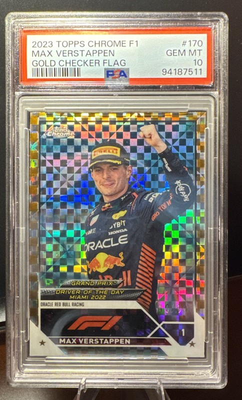 2023 TOPPS CHROME F1  #170 MAX VERSTAPPEN GOLD CHECKER FLAG PSA GEM MT 10. POP 3