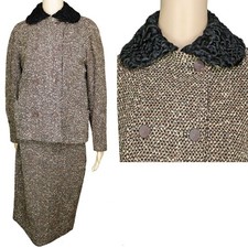 1950s Vintage Skirt Jacket Suit Brown/Black/Ivory Wool Tweed Faux Fur Collar 2/4