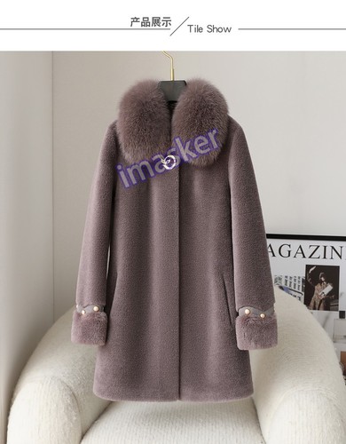 Manteau mi-long femme col fourrure renard véritable peau de mouton 100% laine chaud hiver - Photo 7/27