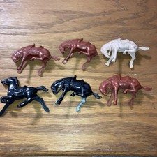 6 Lido Western Horses 3" Scale Reddish Brown Black Tan Hard Plastic Bucking Vtg