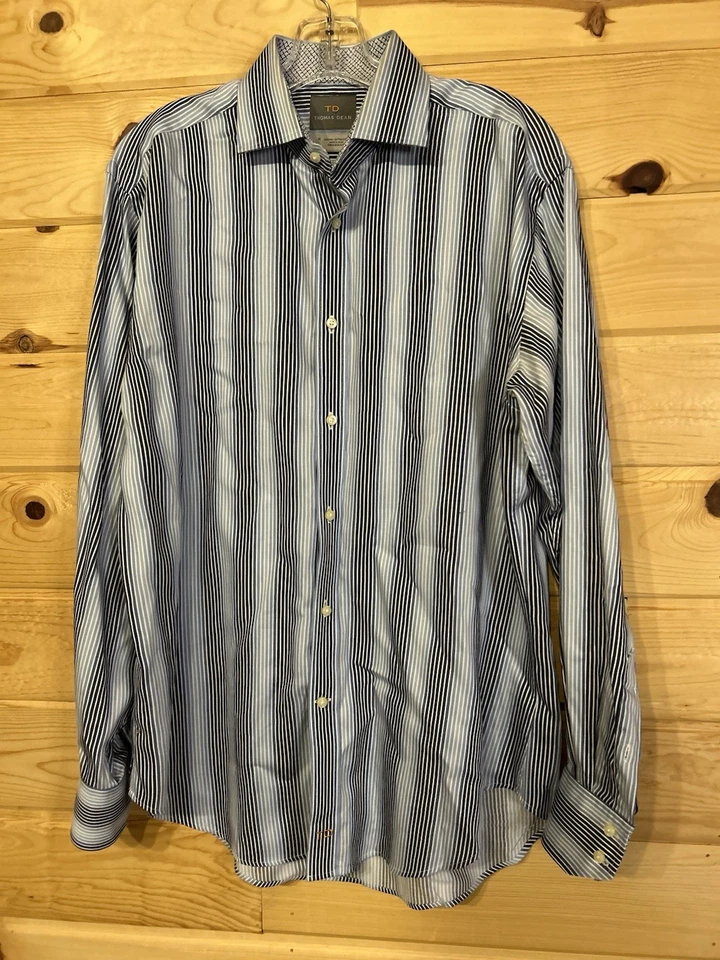 Camisa de vestir Thomas Dean para hombre M azul blanco a rayas 100 % algodón Pima Foto 2 de 4