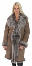 Womens Luxury Toscana Long Coat Real Sheepskin Taupe Shearling Suede Jacket New