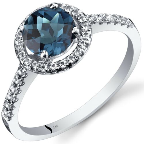 14K White Gold London Blue Topaz Halo Ring Round Cut 1.25 Cts Sizes 5 to 9 - Picture 1 of 3
