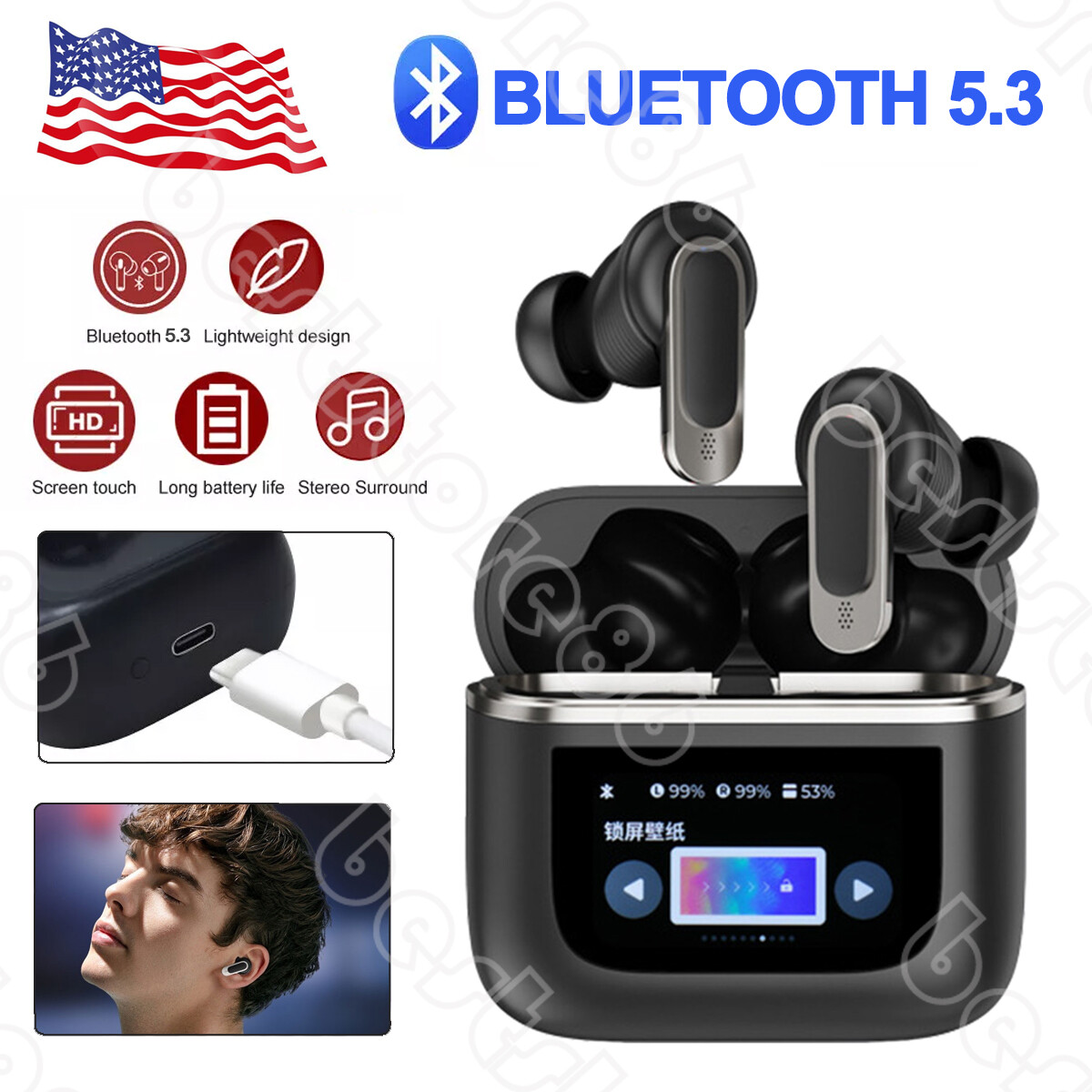 Bluetooth TWS Earphones Touch Screen Wireless Earbuds NoiseCancelling Headphones-image