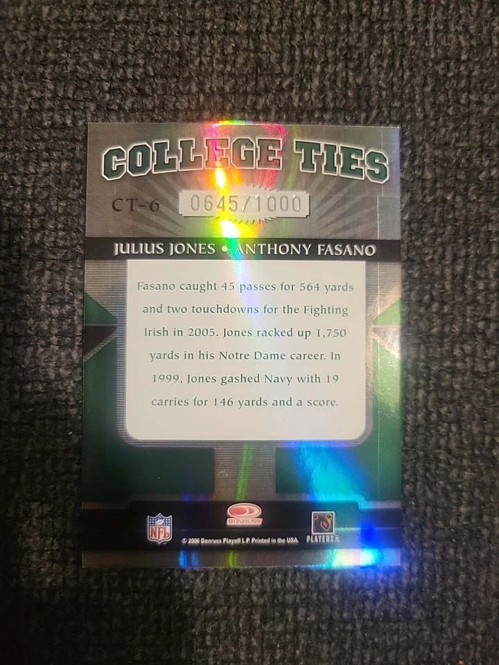 2006 Donruss Elite College Ties /1000 Anthony Fasano Julius Jones RC Notre Dame  - Image 3 of 3