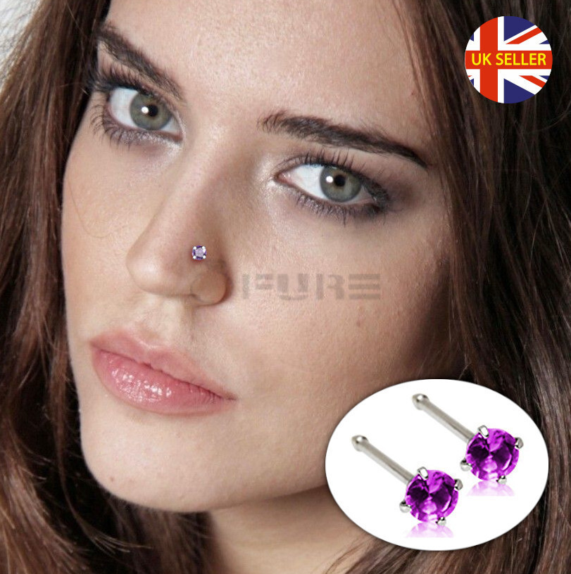 Women Men Round Stud Nose Ring Straight End Bone Screw 3MM Purple Gem  Piercing