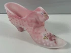 Vintage Fenton Hand Painted Flowers Glass Slipper Green Shoe Signed by Artist