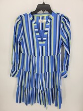 Eliza J Dress Womens 8 Blue Stripe Tiered Puff Sleeve Smocked Cuff Artsy Popover
