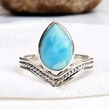 Dolphin Larimar Ring Statement Jewelry: Pear Shaped Blue Gemstone, Sterling