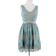 Francescas Dress Sz XXS Blue Tan Lace Lined V Neck Sleeveless 100% Nylon/Poly