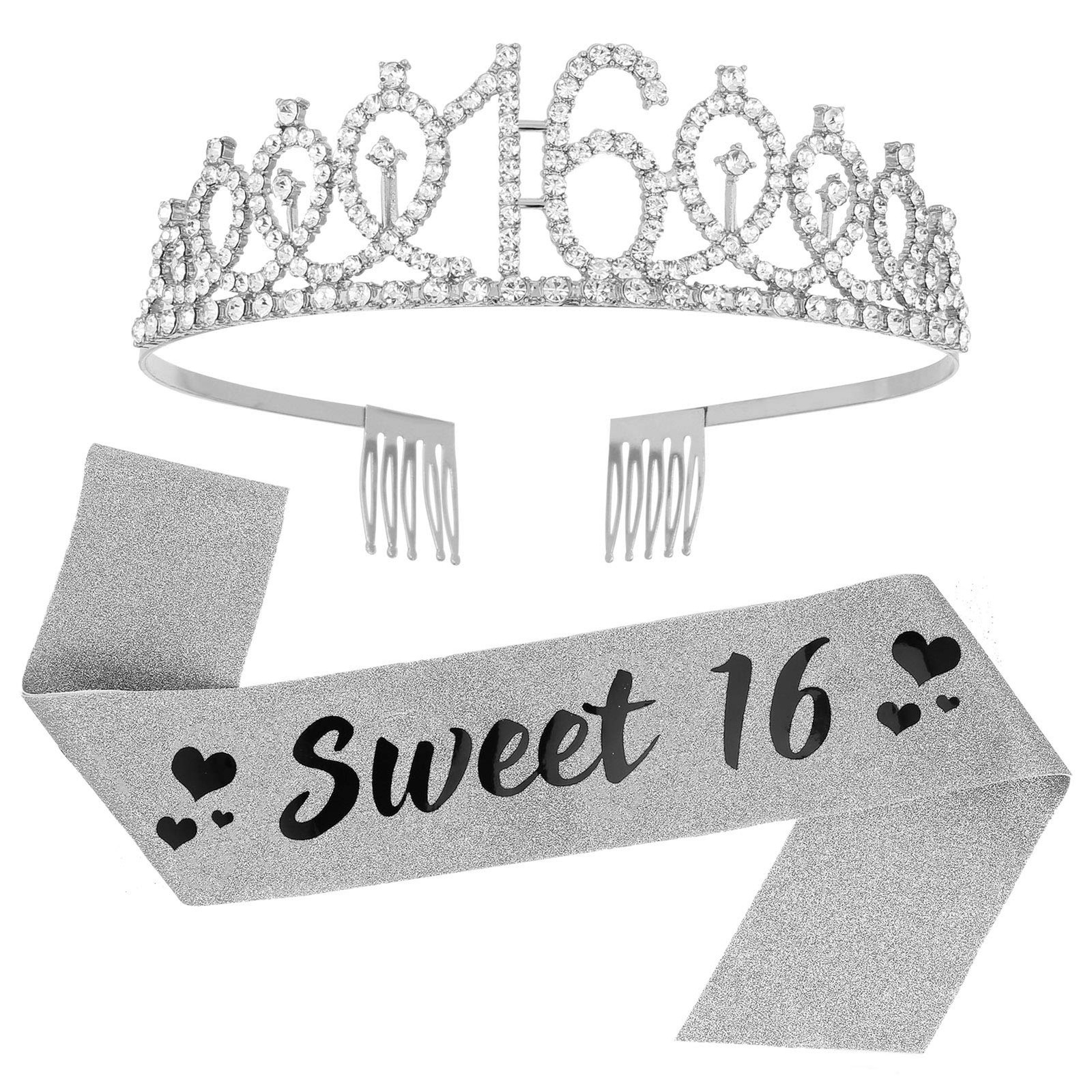 SUSSURRO ""Sweet 16 Sash and Rhinestone Tiara Set,16th Birthday Large, Silver