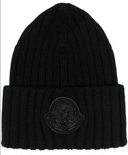 NEW MONCLER BLACK RIBBED RHINESTONE LOGO WOOL CASHMERE BEANIE HAT