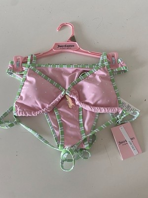 Juicy Couture Contrast Trim Triangle Bikini W/Logo Charm Pink Green Size S NEW