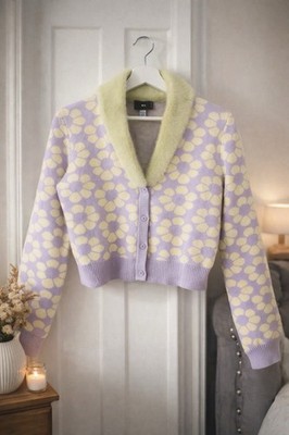Lazy Oaf Daisy Cardigan Flieder & Limettengrün    Retro Blumen Strick Gr. S UK 8-10