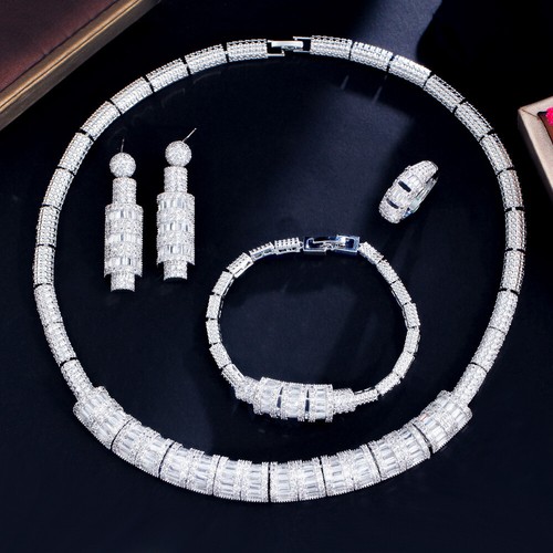 Edle Halskette Ohrring Armband Ring Schmuck CZ versilbert Verlobung Set - Bild 7 von 7