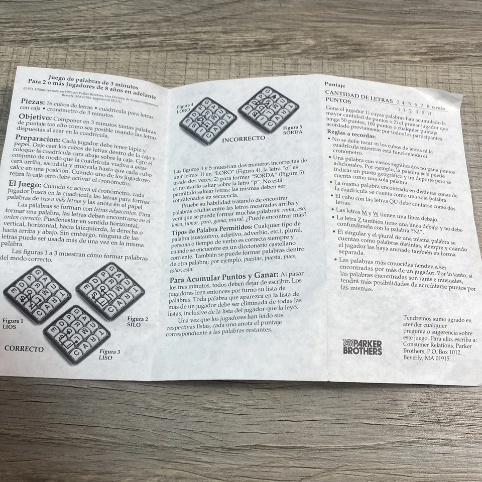 Boggle 3-Minute Word Game 1992 Parker Brothers Instructions - Image 2 of 2