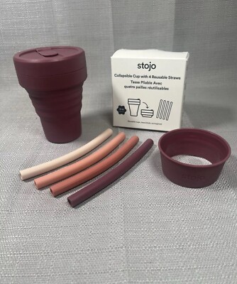 Stojo Collapsible 12 oz Travel Camping Cup PLUM PINK 4 Straws Brand New Small A3