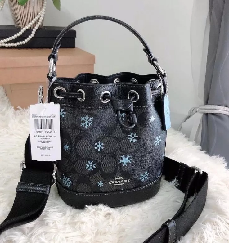 Coach Dempsey Drawstring Bucket Bag 15 In Signature Canvas With Snowflake  Print