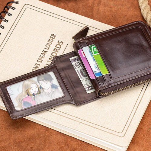 Cartera monedero con cremallera de cuero de vaca 100 % cuero de vaca con bloqueo RFID para hombre - Imagen 8 de 15