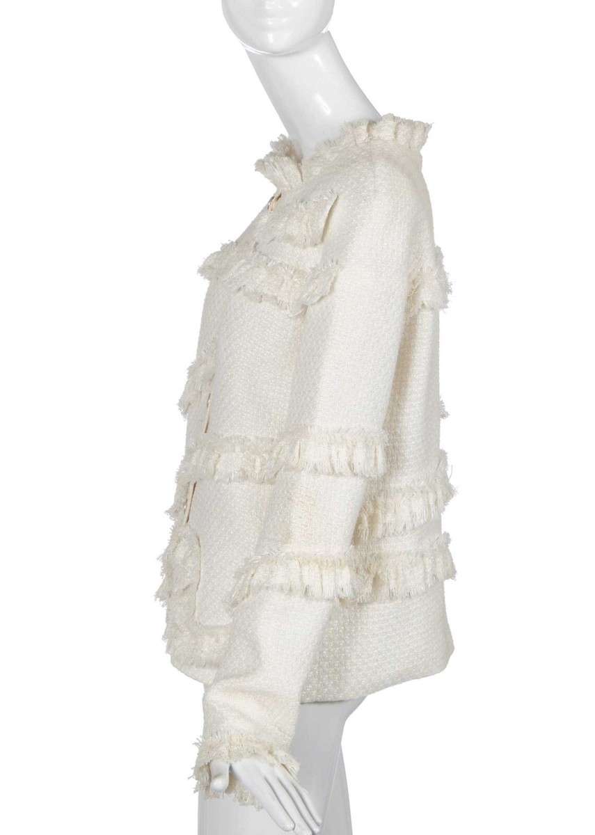 Chanel 14A Dallas PreFall 2014 White Boucle Tweed Fringe Jacket 44