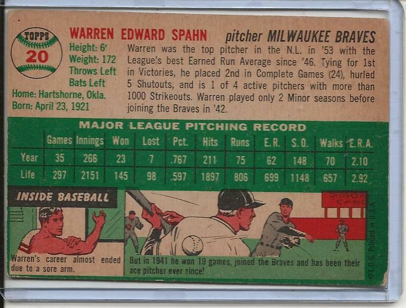 1954 Topps Baseball Card Warren Spahn H/O/F Pitcher Milwaukee
