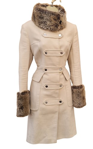 12 UK KAREN MILLEN Vintage Beige Militar Declaración Vestido Abrigo Trinchera Piel Sintética - Imagen 4 de 8